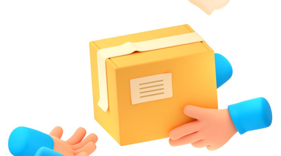 3d render courier hands giving carton box to client. Concept of shipping, delivery service, arms handling parcel wrapped with tape and love message. Gift, present illustration in cartoon plastic style