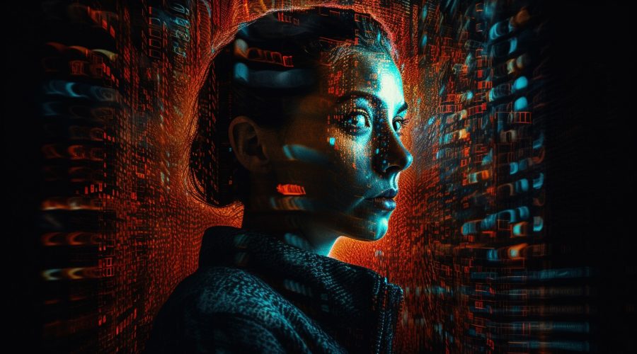 Glowing cyborg statue illuminated in blue mystery generated by artificial intelligence